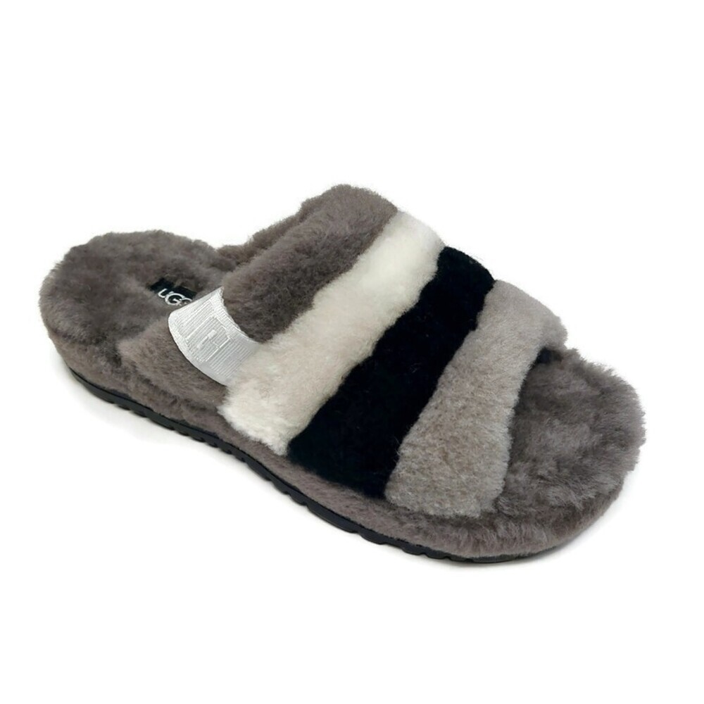 UGG Mens Size 4 Fluff You Stripes Sheepskin Slippers Dark Gray Multi-Color